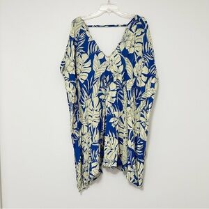 Maaji Blue and Green Tropical Floral V-Neck Tunic Kaftan Swim Cover-Up Beach LG